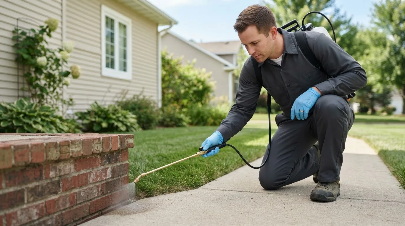 Pest control technician treating a home near Pleasant View, UT